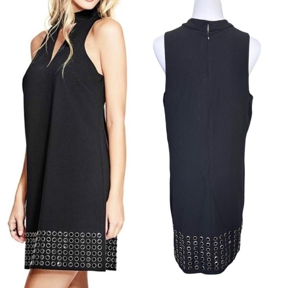 Guess Deetra Halter Aline Dress Keyhole Dress Black LARGE Embellished Preppy LBD